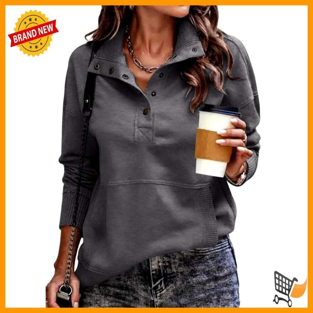 Long Sleeve V-Neck Pullover Sweatshirt Lightweight Button Drawstring Casual